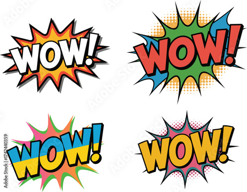 Colorful Comic Book Style Wow Exclamations Set for Graphic Design