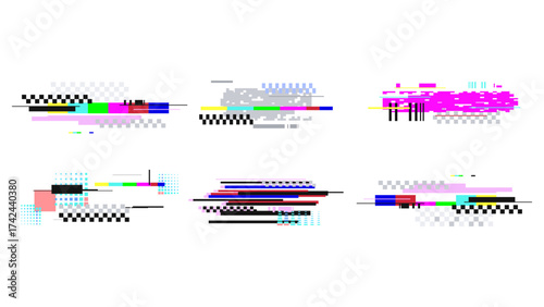Glitch effect bar set. Collection of colorful distorted error bars with pixel noise, static lines, and digital artifacts. Modern cyberpunk-style vector design elements for tech backgrounds, error scre