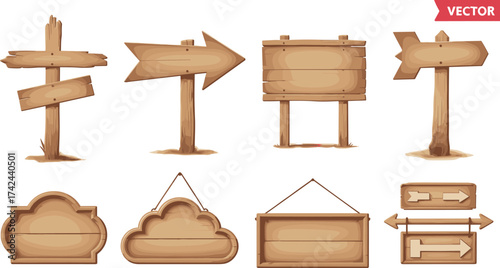 Vintage wooden signpost collection with blank planks, rustic arrow direction boards, hanging wood frames, and empty wooden street signs for design use