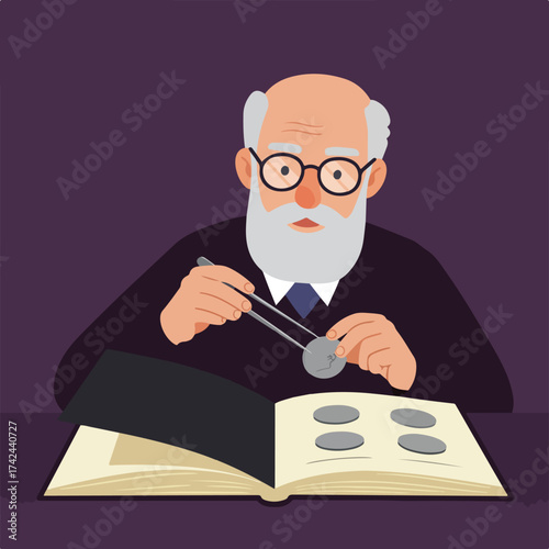 Elderly man with glasses examines coin with tweezers over open album