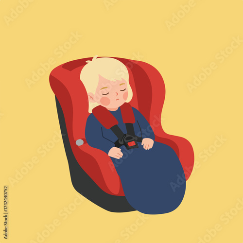 A sleeping child in a car seat, safely secured with straps, on a yellow background