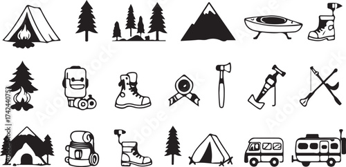 A cohesive set of 16 camping and outdoor adventure icons in a clean artline and silhouette style,