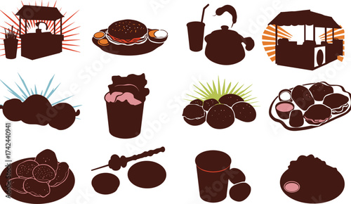 Street food illustration, stylized snack variety, vendor stalls, cultural cuisine artwork, colorful dishes, traditional flavors, gourmet concept, silhouette food drawing