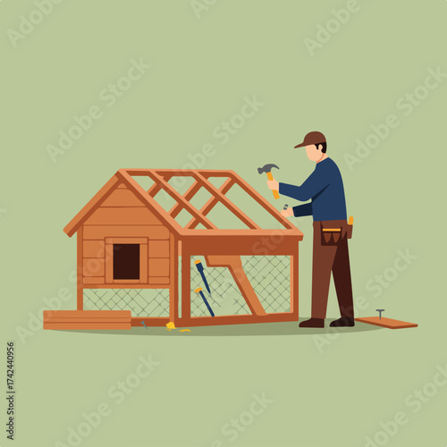 Carpenter building a wooden chicken coop with a hammer and nails