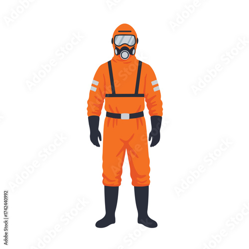 Person in full orange protective suit with gas mask