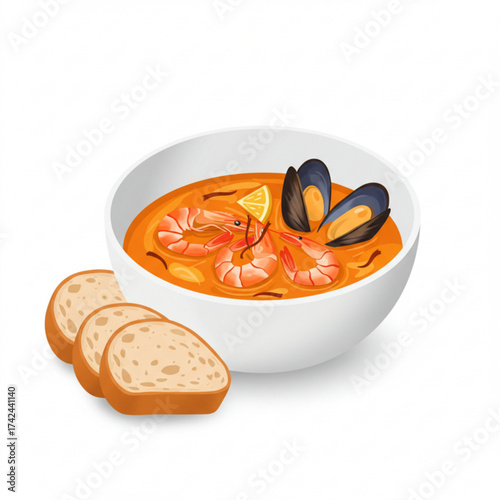 Seafood bouillabaisse soup with shrimp and mussels served with bread  