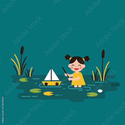 Joyful child with a toy boat floats on calm water with plants