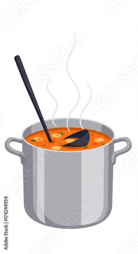 Illustrated pot of bouillabaisse soup with steam and ladle  