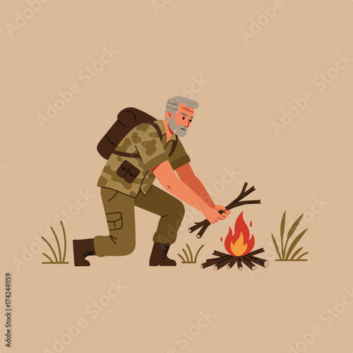 Adventurer prepares a campfire, tending to the flames with sticks while wearing a backpack