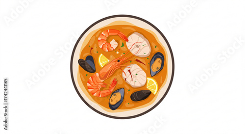 Seafood bouillabaisse soup in a bowl with shrimp and mussels  