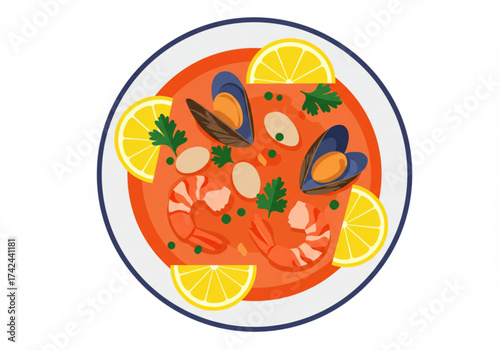 Seafood bouillabaisse with shrimp, mussels, and lemon slices  
