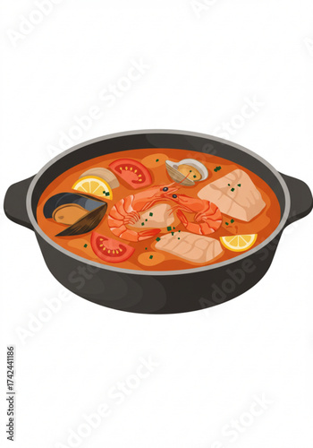 Seafood stew in black pot with vegetables and herbs? Bouillabaisse  