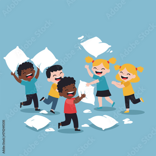 Happy children enthusiastically throw pillows during a playful pillow fight