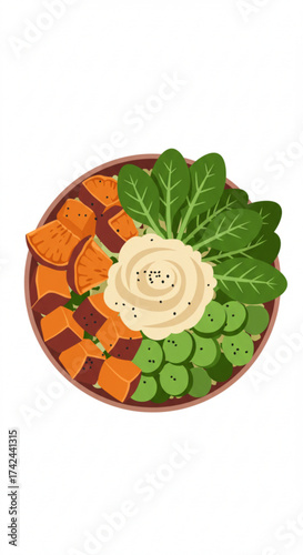 Colorful Buddha bowl with vegetables and hummus on a plate, Buddha bowl    