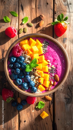 Deliciously vibrant fruit smoothie bowl with fresh toppings like mango, blueberries, and nuts on a sunlit rustic wooden background