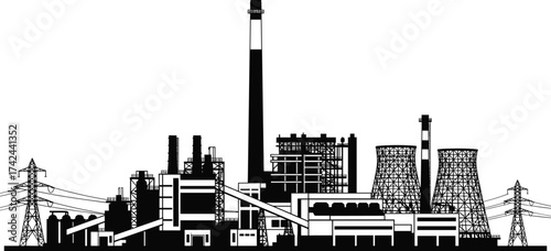 Industrial power plant silhouette, cooling towers, chimneys, electricity infrastructure, energy production, high voltage lines, urban planning, black and white vector