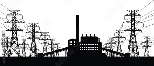 Industrial power plant silhouette, electricity generation facility, high-voltage transmission towers, energy infrastructure, smokestack, power lines, grid distribution, utility landscape