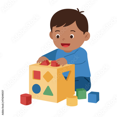 Child happily playing with a colorful shape sorter box and blocks