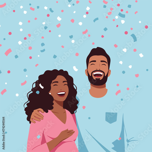 Excited couple with pregnancy announcement as confetti rains down