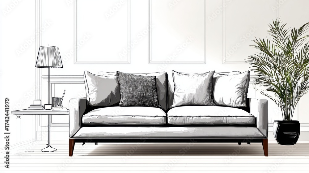 Fototapeta premium Stylish Modern Living Room with Cozy Sofa and Elegant Decor Elements