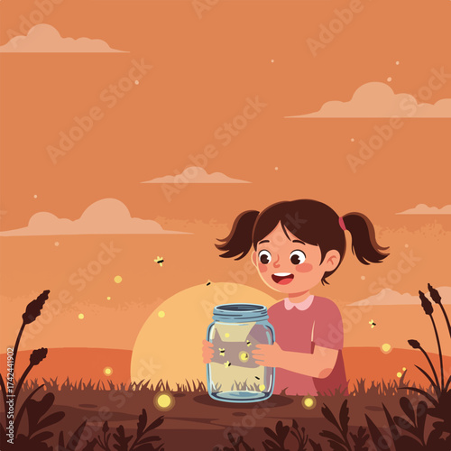 Girl captures glowing fireflies in a jar at sunset