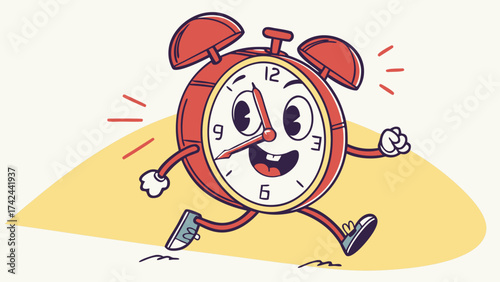 Animated Red Alarm Clock Character Running with Sneakers and Expressive Face
