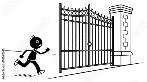 Animated Stick Figure Running Towards Ornate Iron Gate with Stone Pillar