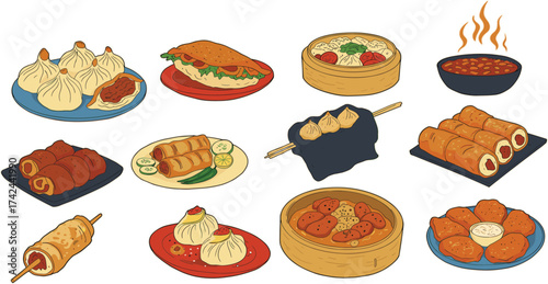 Asian food illustration, colorful dumplings and rolls, traditional cuisine artwork, stylized dishes, cultural meal concept, vibrant snack variety, gourmet drawing