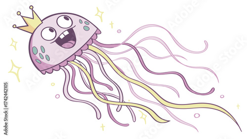 Cheerful Cartoon Jellyfish Wearing a Golden Crown and Smiling Widely