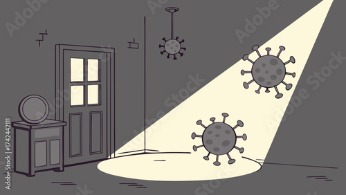 Cartoonish depiction of coronavirus particles in a room with a spotlight