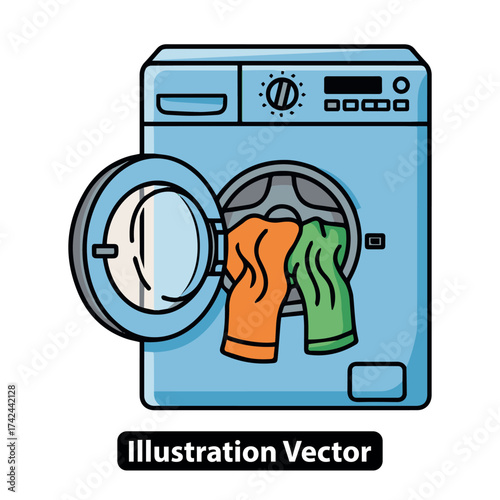 A colorful illustration depicting a modern front-loading washing machine during a typical laundry cycle, showing clothing inside the drum