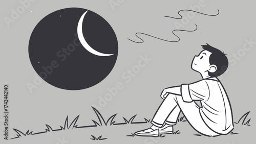 Contemplative Young Person Gazing at Crescent Moon and Stars in Night Sky