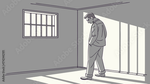 Despondent man in prison cell with barred window and harsh sunlight