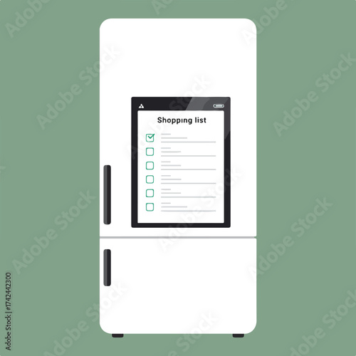 A white refrigerator with a digital screen displaying a shopping list with one item checked