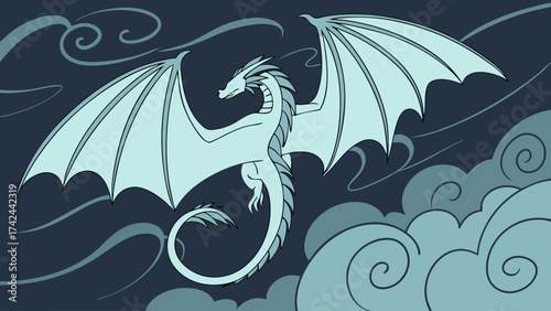 Serene Sky Dragon Soaring Through Cloudy Skies in Artistic Illustration