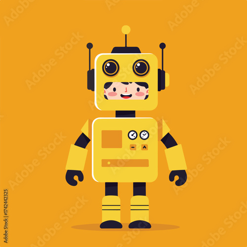 A smiling child peers out from a yellow robot's head and torso