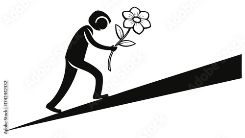 Silhouette Climbing Upward with Flower Symbolizing Perseverance and Growth
