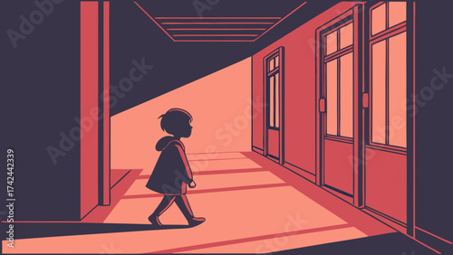 Silhouette of a hooded child walking down a corridor with closed doors