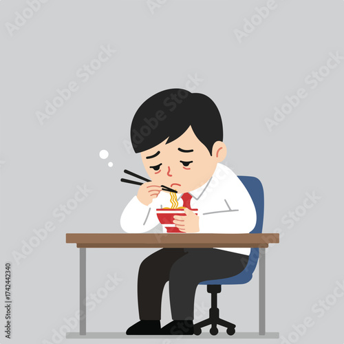 A dejected person in formal wear eats noodles at a desk