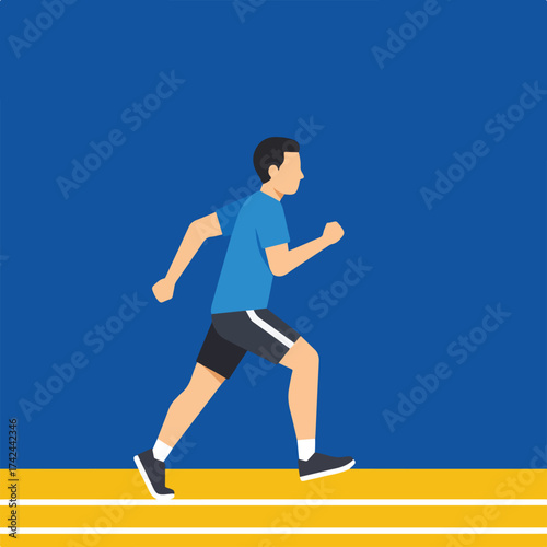 Runner in motion on a track against a blue background