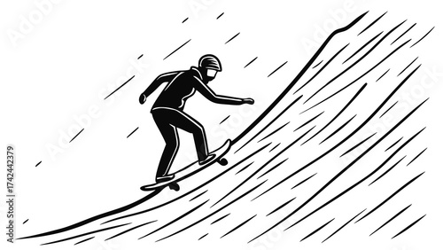 Silhouette of Skateboarder Carving Down a Steep Textured Slope