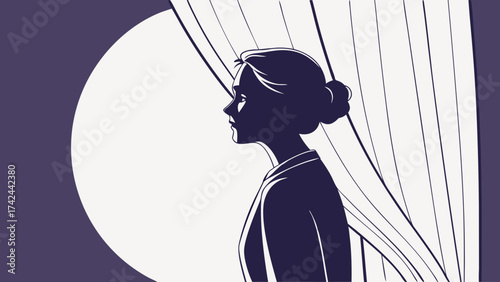 Silhouette of a woman in profile with a bun standing near curtains and a circular window