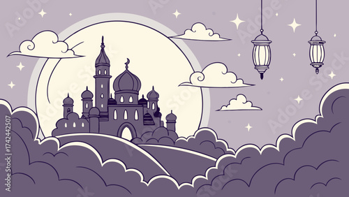 Stylized Islamic Mosque with Lanterns Clouds and Celestial Elements