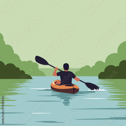 Person paddling an orange kayak on calm blue water, surrounded by lush green trees