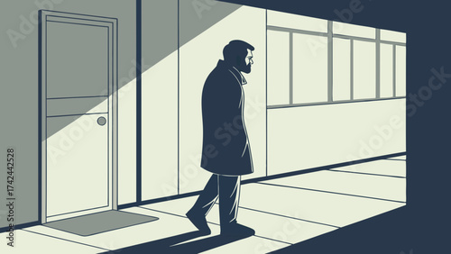 Stylized Silhouette of a Bearded Man Walking in a Hallway with Sunlight