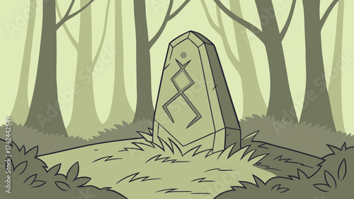 Stylized Stone Rune Marker in Forest Clearing with Sparse Vegetation