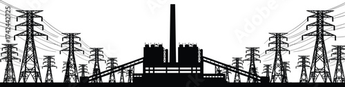Industrial power plant silhouette, electricity infrastructure, transmission towers, smokestack, energy grid, power lines, utility network, distribution system, electric facility, voltage structure