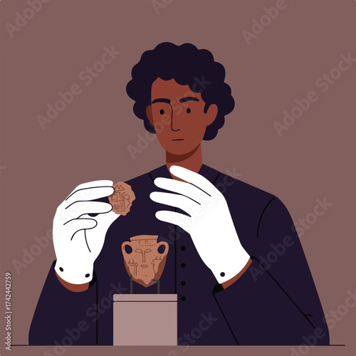 Person in white gloves examines ancient artifacts on display