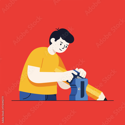 Cheerful person sharpens a yellow pencil with a blue sharpener