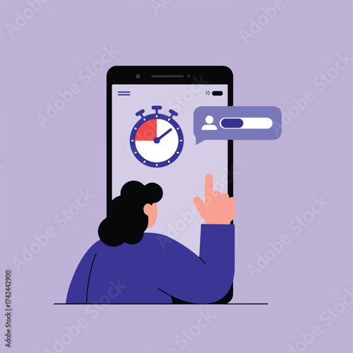 Person interacting with a smartphone displaying a timer and a chat bubble